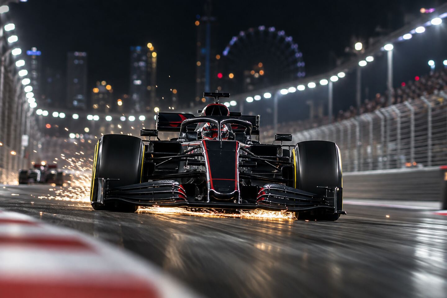 F1赛车在夜间赛道高速行驶的比赛画面